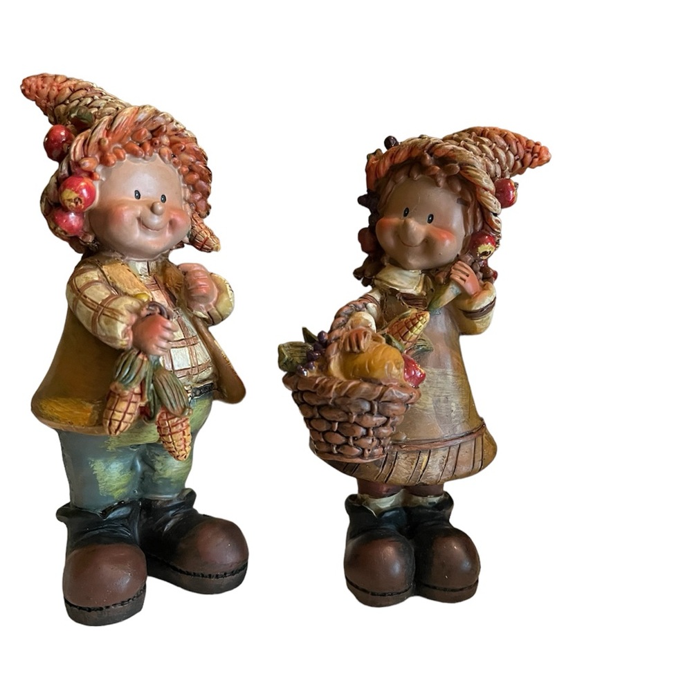 Vintage Fall Harvest Boy and Girl With Cornucopia Hats
